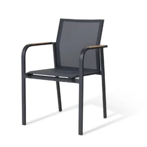 Paros chair front view – The Paros chair combines modern design with durable materials, featuring teak wood arms, an…